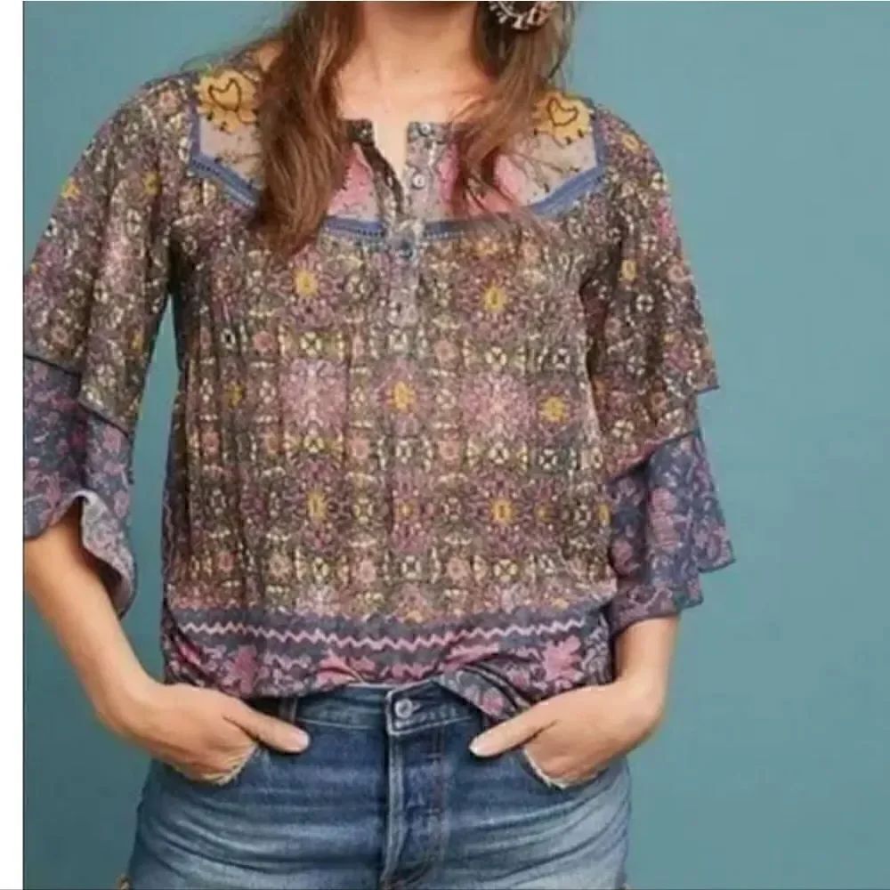 NWOT Anthropologie Postmark Ciutadella Embroidered Peasant Boho Top S
